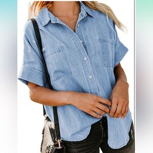 Astylish Womens Button Down Shirts V Neck Loose Casual Shirt